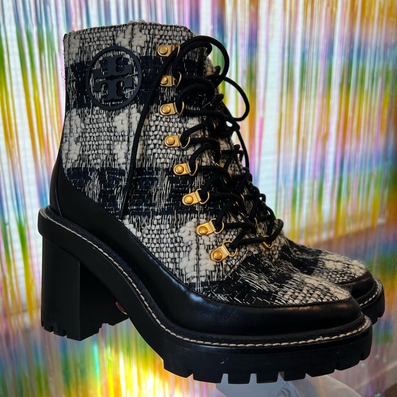 Tory Burch Black and Cream Tweed Lace-Up Block Heel Ankle Boots - Picture 4 of 8